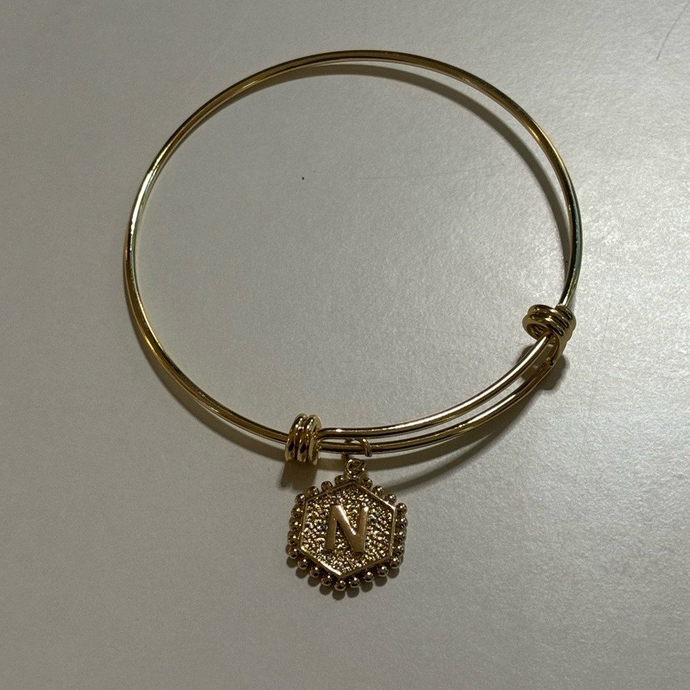 Gold “N” Initial Charm Bangle Bracelet
